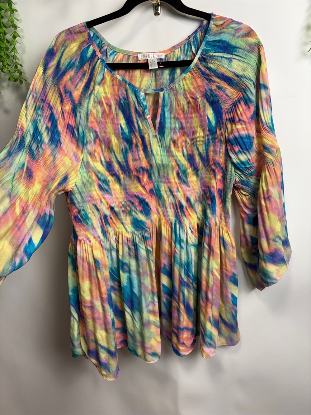 Spense Pink and Green Pleated Tie Front Blouse